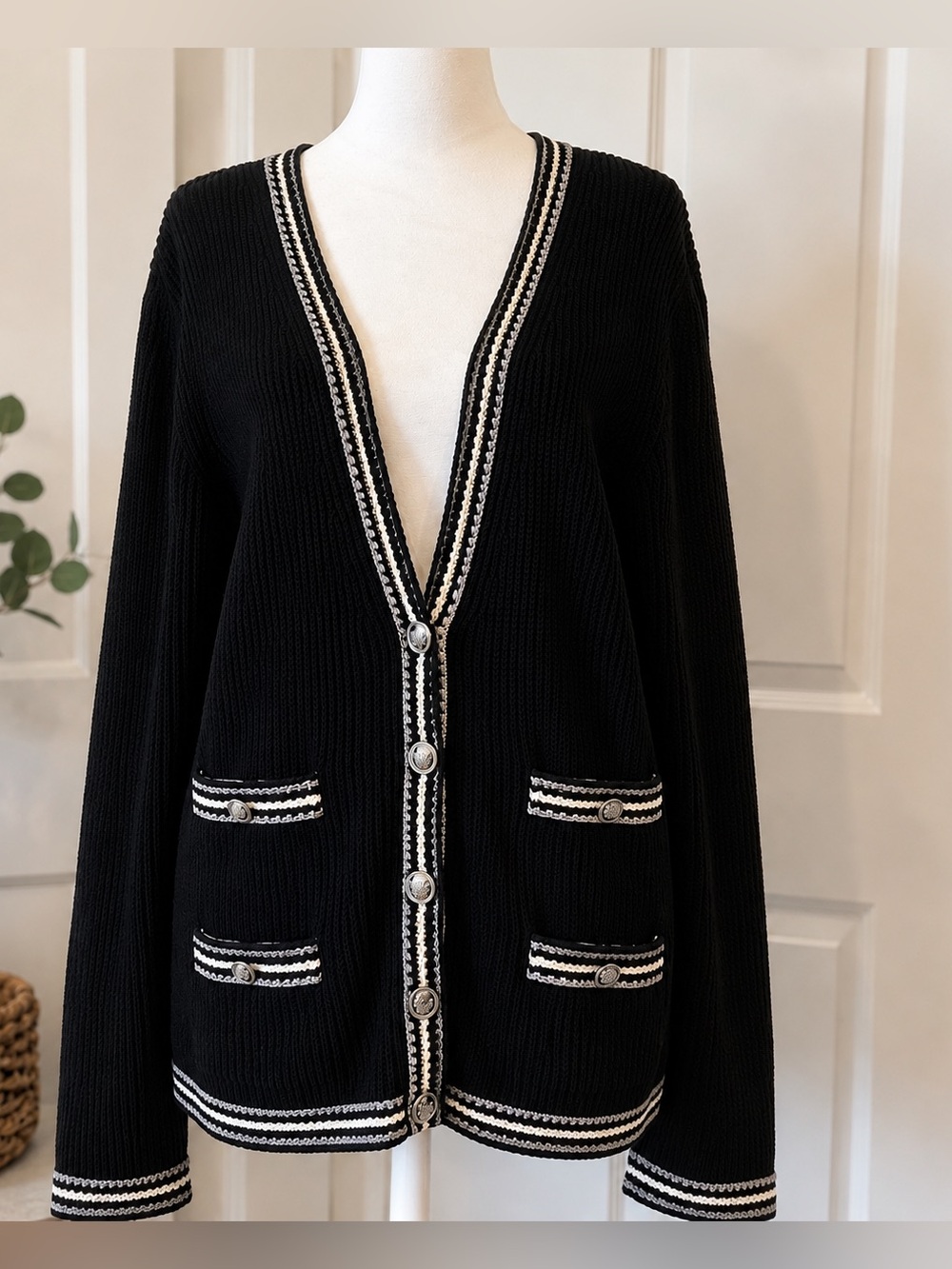 Talbots Black Ribbed V-Neck Cardigan with White Trim L Classic Quiet Luxury